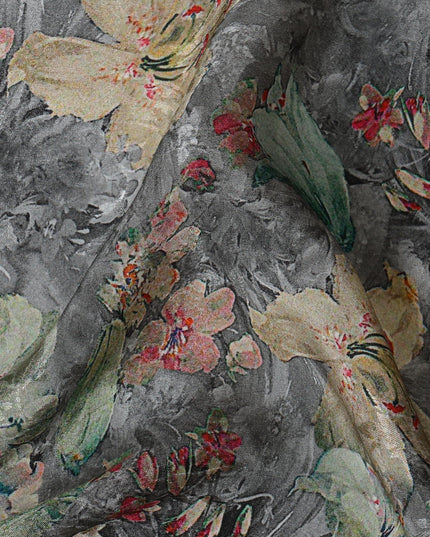 Charcoal Gray Viscose Crepe Printed Fabric with Beige and Green Floral Design, 110 cm Width-D20459