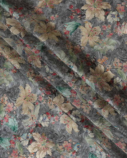 Charcoal Gray Viscose Crepe Printed Fabric with Beige and Green Floral Design, 110 cm Width-D20459