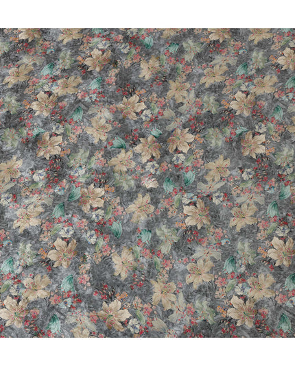 Charcoal Gray Viscose Crepe Printed Fabric with Beige and Green Floral Design, 110 cm Width-D20459