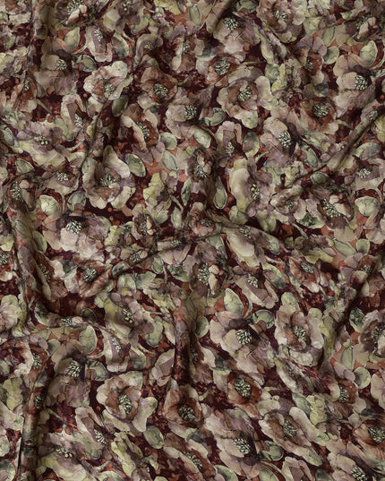 Maroon and Olive Viscose Crepe Printed Fabric with Floral Design, 110 cm Width-D20460