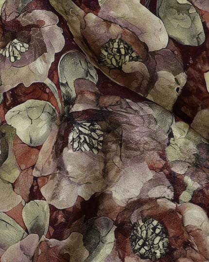 Maroon and Olive Viscose Crepe Printed Fabric with Floral Design, 110 cm Width-D20460