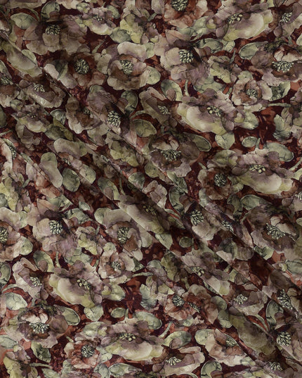 Maroon and Olive Viscose Crepe Printed Fabric with Floral Design, 110 cm Width-D20460