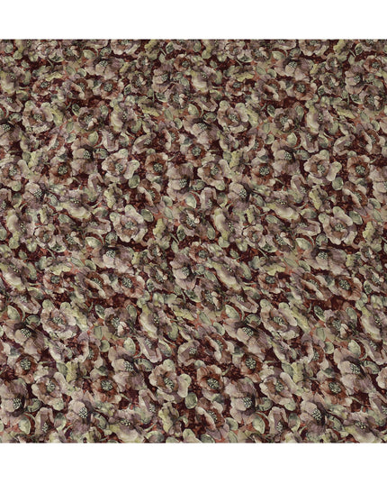 Maroon and Olive Viscose Crepe Printed Fabric with Floral Design, 110 cm Width-D20460