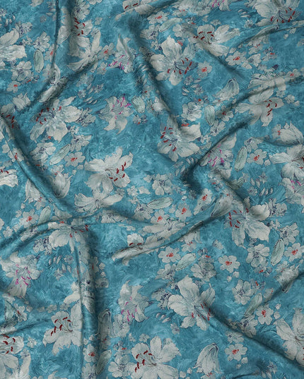 Turquoise Blue Viscose Crepe Printed Fabric with White Floral Design, 110 cm Width-D20462