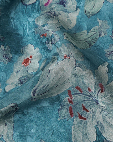 Turquoise Blue Viscose Crepe Printed Fabric with White Floral Design, 110 cm Width-D20462