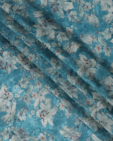 Turquoise Blue Viscose Crepe Printed Fabric with White Floral Design, 110 cm Width-D20462