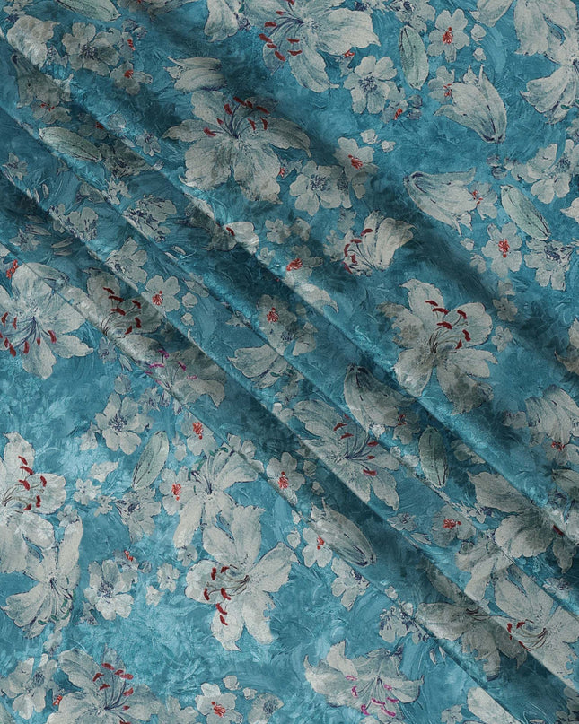 Turquoise Blue Viscose Crepe Printed Fabric with White Floral Design, 110 cm Width-D20462