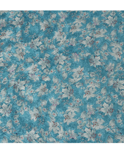 Turquoise Blue Viscose Crepe Printed Fabric with White Floral Design, 110 cm Width-D20462