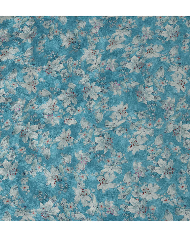 Turquoise Blue Viscose Crepe Printed Fabric with White Floral Design, 110 cm Width-D20462