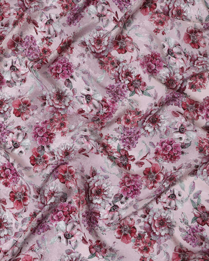 Blush Pink Viscose Crepe Printed Fabric with Burgundy Floral Design, 110 cm Width-D20463