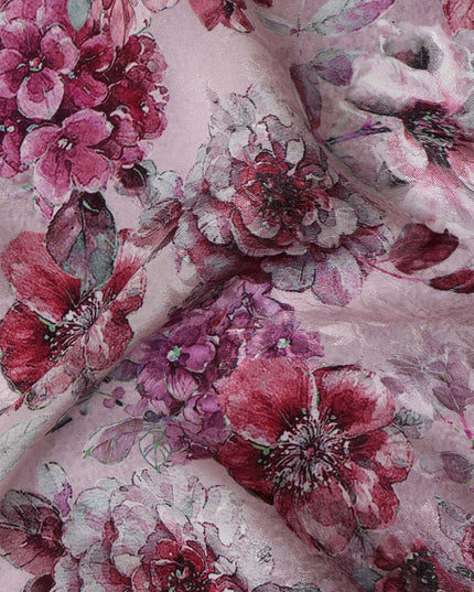 Blush Pink Viscose Crepe Printed Fabric with Burgundy Floral Design, 110 cm Width-D20463