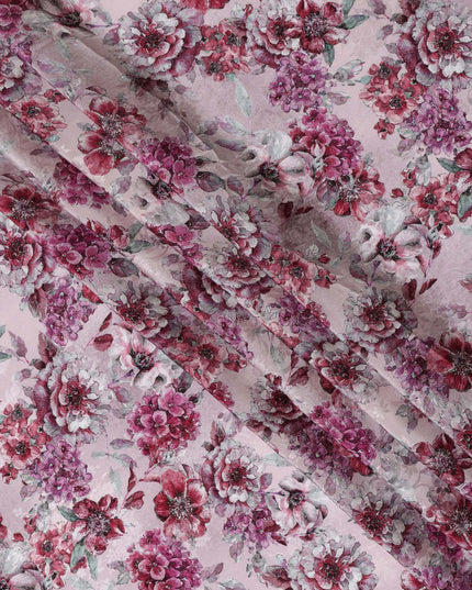 Blush Pink Viscose Crepe Printed Fabric with Burgundy Floral Design, 110 cm Width-D20463