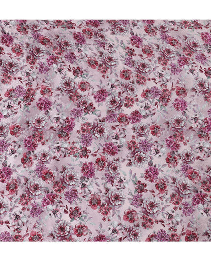 Blush Pink Viscose Crepe Printed Fabric with Burgundy Floral Design, 110 cm Width-D20463