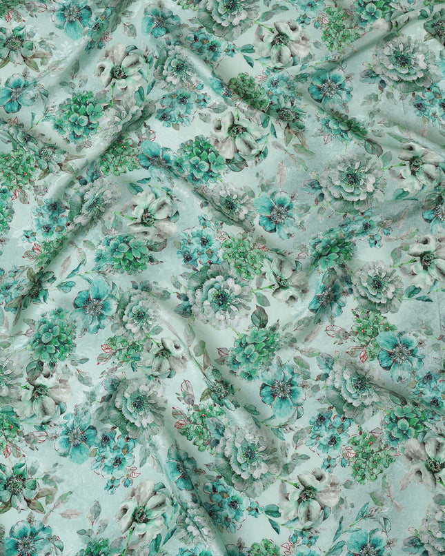 Mint Green Viscose Crepe Printed Fabric with Green Floral Design, 110 cm Width-D20464