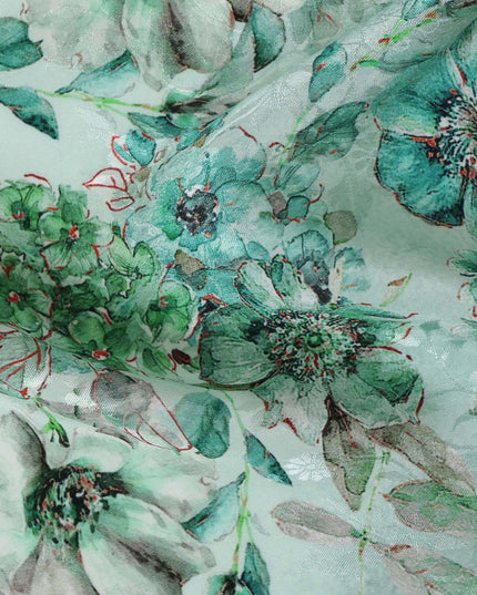 Mint Green Viscose Crepe Printed Fabric with Green Floral Design, 110 cm Width-D20464