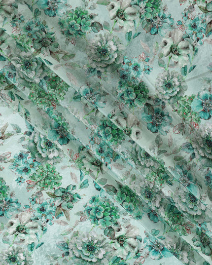 Mint Green Viscose Crepe Printed Fabric with Green Floral Design, 110 cm Width-D20464