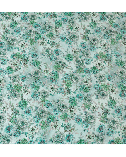 Mint Green Viscose Crepe Printed Fabric with Green Floral Design, 110 cm Width-D20464