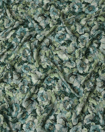 Forest Green Viscose Crepe Printed Fabric with Blue and Green Floral Design, 110 cm Width-D20465