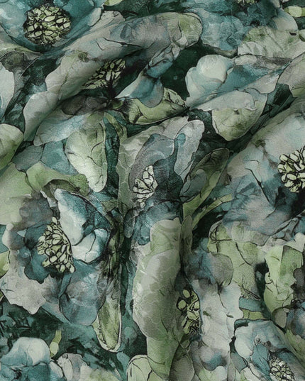 Forest Green Viscose Crepe Printed Fabric with Blue and Green Floral Design, 110 cm Width-D20465