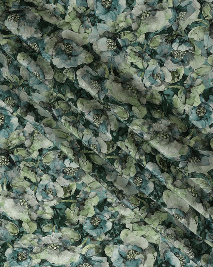 Forest Green Viscose Crepe Printed Fabric with Blue and Green Floral Design, 110 cm Width-D20465