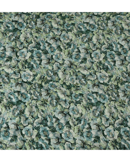 Forest Green Viscose Crepe Printed Fabric with Blue and Green Floral Design, 110 cm Width-D20465