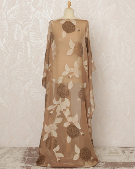 Traditional Somali Dirac Pure Silk (Fransawi) Chiffon Fabric in Nude Beige with Brown Floral Embroidery, 3.5 Meters, 140 cm Width-D20585