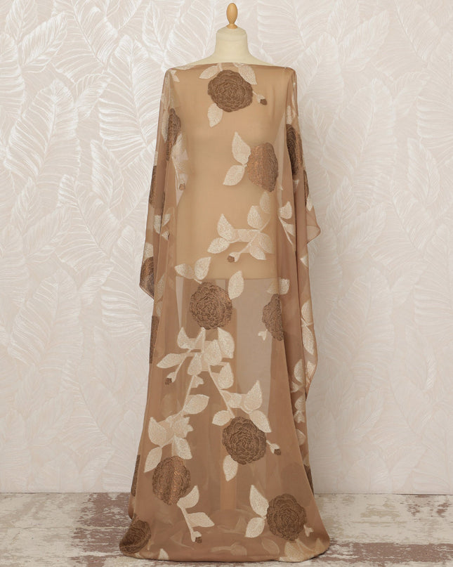 Traditional Somali Dirac Pure Silk (Fransawi) Chiffon Fabric in Nude Beige with Brown Floral Embroidery, 3.5 Meters, 140 cm Width-D20585