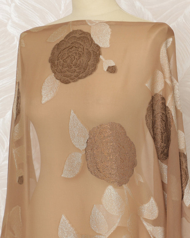 Traditional Somali Dirac Pure Silk (Fransawi) Chiffon Fabric in Nude Beige with Brown Floral Embroidery, 3.5 Meters, 140 cm Width-D20585