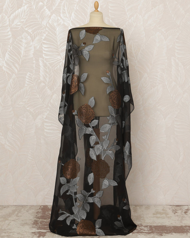 Traditional Somali Dirac Pure Silk (Fransawi) Chiffon Fabric in Black and Olive Green with Silver and Copper Floral Embroidery, 3.5 Meters, 140 cm Width-D20586