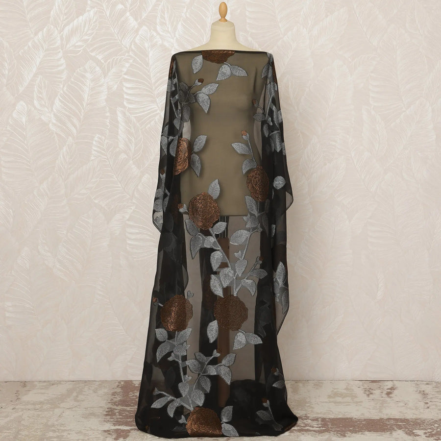 Traditional Somali Dirac Pure Silk (Fransawi) Chiffon Fabric in Black and Olive Green with Silver and Copper Floral Embroidery, 3.5 Meters, 140 cm Width-D20586 Regal Fabrics