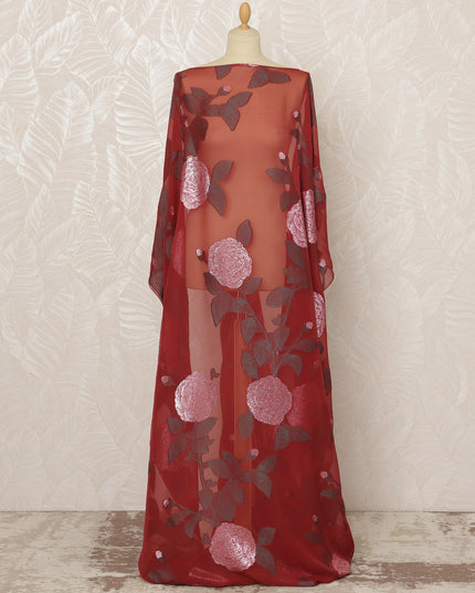 Traditional Somali Dirac Pure Silk (Fransawi) Chiffon Fabric in Deep Red with Pink and Silver Floral Embroidery, 3.5 Meters, 140 cm Width-D20587