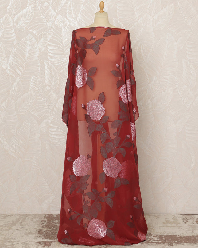 Traditional Somali Dirac Pure Silk (Fransawi) Chiffon Fabric in Deep Red with Pink and Silver Floral Embroidery, 3.5 Meters, 140 cm Width-D20587