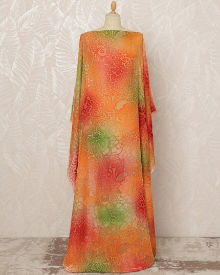 Traditional Somali Dirac Silk Blended Velvet Chiffon Fabric in Orange, Red, and Green with Abstract Floral Design, 3.5 Meters, 140 cm Width-D20588