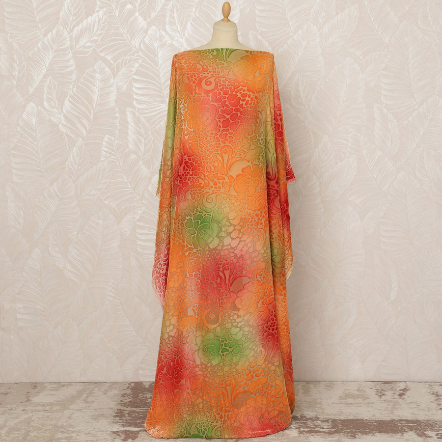 Traditional Somali Dirac Silk Blended Velvet Chiffon Fabric in Orange, Red, and Green with Abstract Floral Design, 3.5 Meters, 140 cm Width-D20588