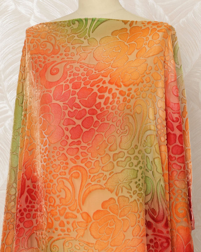 Traditional Somali Dirac Silk Blended Velvet Chiffon Fabric in Orange, Red, and Green with Abstract Floral Design, 3.5 Meters, 140 cm Width-D20588