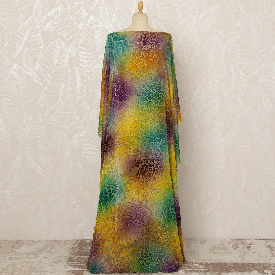 Traditional Somali Dirac Silk Blended Velvet Chiffon Fabric in Green, Purple, and Gold with Floral Pattern, 3.5 Meters, 140 cm Width-D20590