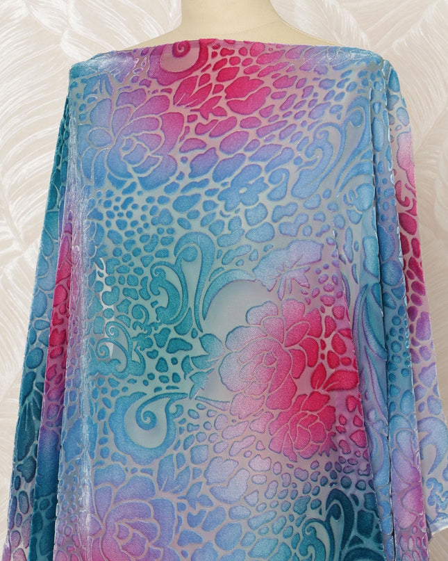 Traditional Somali Dirac Silk Blended Velvet Chiffon Fabric in Blue, Pink, and Turquoise with Floral Pattern, 3.5 Meters, 140 cm Width-D20591