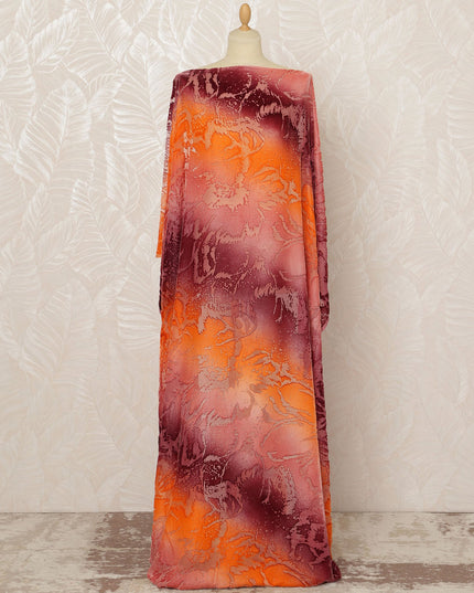 Traditional Somali Dirac Silk Blended Velvet Chiffon Fabric in Orange, Maroon, and Pink with Abstract Pattern, 3.5 Meters, 140 cm Width-D20592