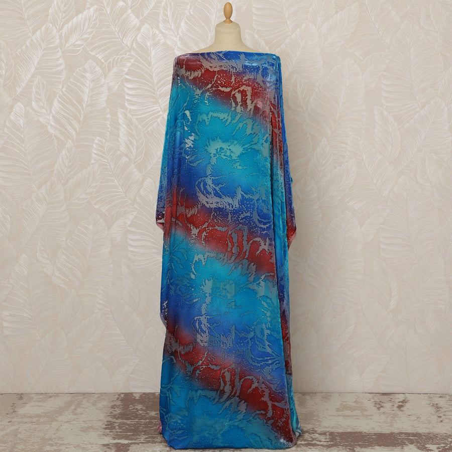 Traditional Somali Dirac Silk Blended Velvet Chiffon Fabric in Blue, Red, and Purple with Abstract Design, 3.5 Meters, 140 cm Width-D20593