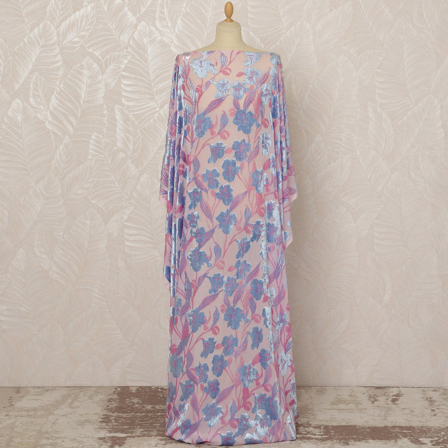 Traditional Somali Dirac Silk Blended Velvet Chiffon Fabric in Pink and Blue Floral Design, 3.5 Meters, 140 cm Width-D20595