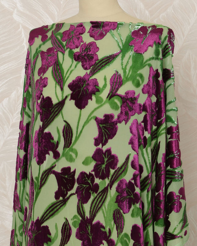 Traditional Somali Dirac Silk Blended Velvet Chiffon Fabric in Green and Purple Floral Design, 3.5 Meters, 140 cm Width-D20596