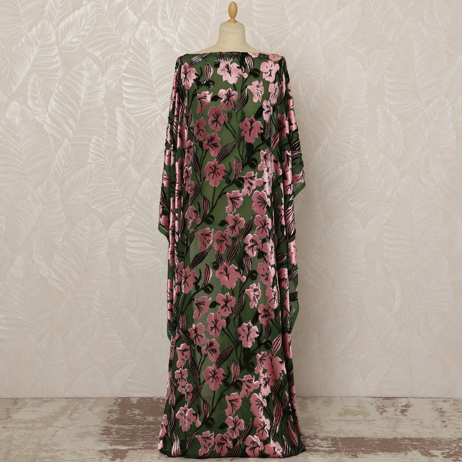 Traditional Somali Dirac Silk Blended Velvet Chiffon Fabric in Dark Green and Pink Floral Design, 3.5 Meters, 140 cm Width-D20597
