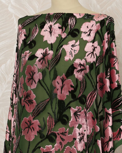 Traditional Somali Dirac Silk Blended Velvet Chiffon Fabric in Dark Green and Pink Floral Design, 3.5 Meters, 140 cm Width-D20597