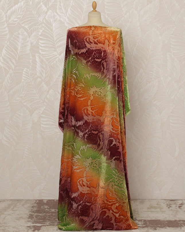 Traditional Somali Dirac Silk Blended Velvet Chiffon Fabric in Orange, Green, and Maroon Abstract Design, 3.5 Meters, 140 cm Width-D20599