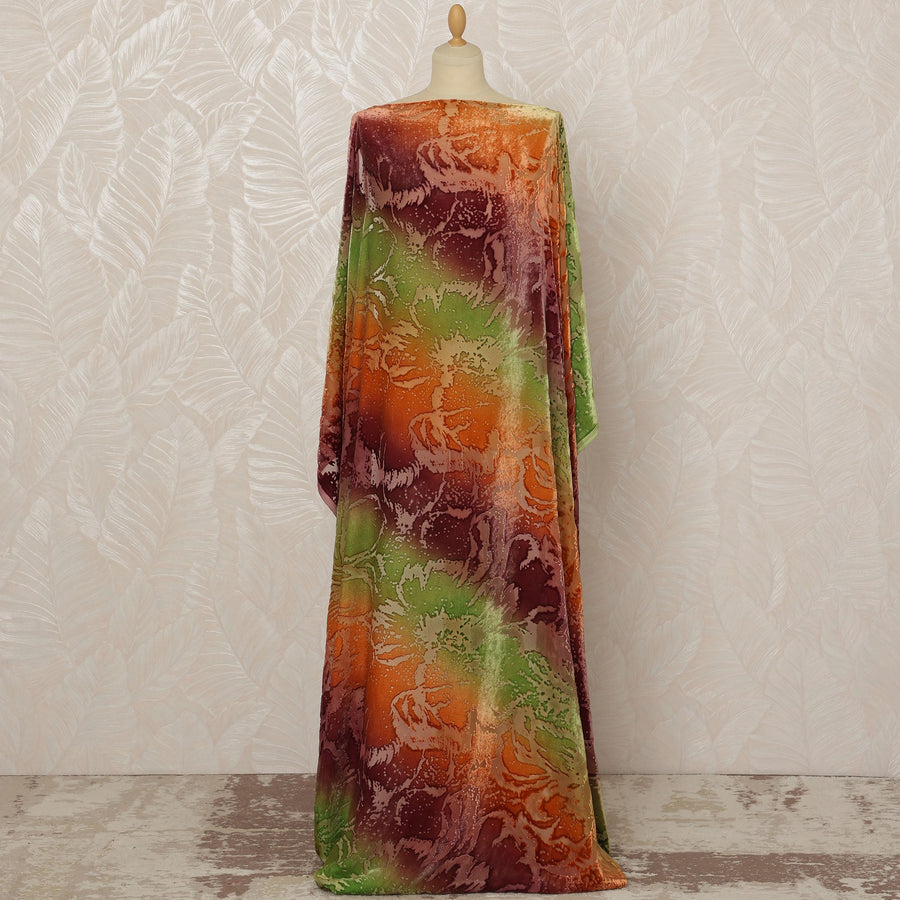 Traditional Somali Dirac Silk Blended Velvet Chiffon Fabric in Orange, Green, and Maroon Abstract Design, 3.5 Meters, 140 cm Width-D20599