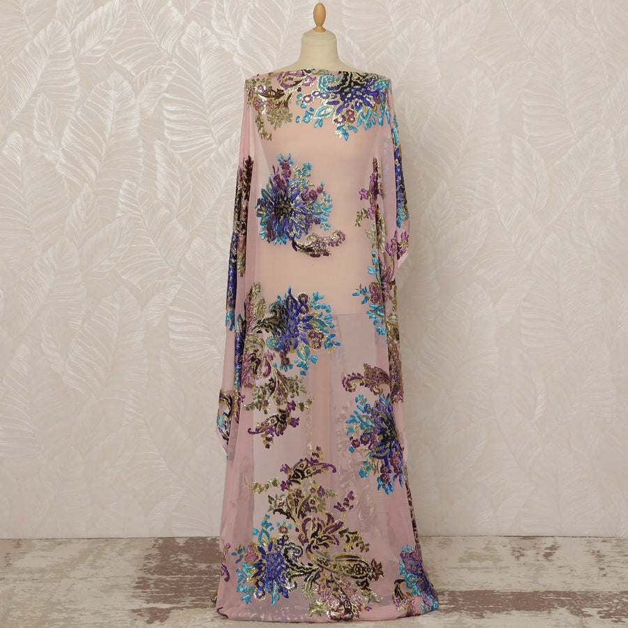 Traditional Somali Dirac Silk Blended Velvet Chiffon Fabric in Pink with Blue and Purple Floral Design, 3.5 Meters, 140 cm Width-D20605 Regal Fabrics