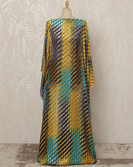 Traditional Somali Dirac Silk Blended Velvet Chiffon Fabric in Yellow, Green, and Purple Diagonal Stripe Design, 3.5 Meters, 140 cm Width-D20608