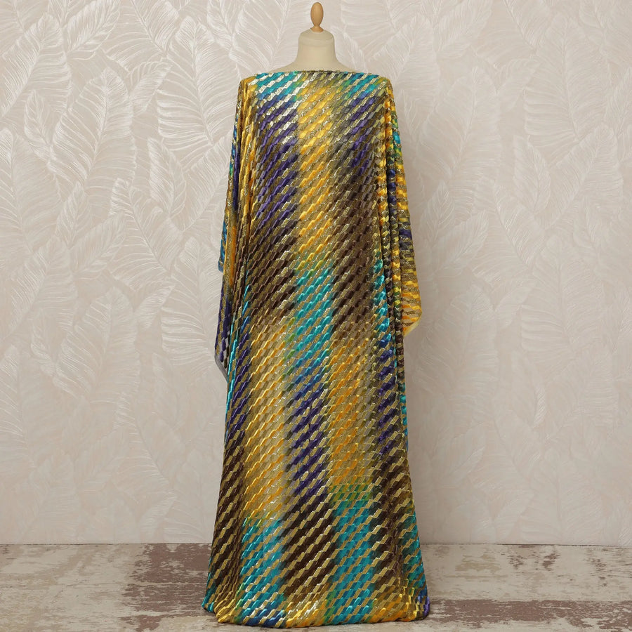 Traditional Somali Dirac Silk Blended Velvet Chiffon Fabric in Yellow, Green, and Purple Diagonal Stripe Design, 3.5 Meters, 140 cm Width-D20608 Regal Fabrics