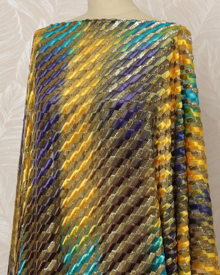 Traditional Somali Dirac Silk Blended Velvet Chiffon Fabric in Yellow, Green, and Purple Diagonal Stripe Design, 3.5 Meters, 140 cm Width-D20608