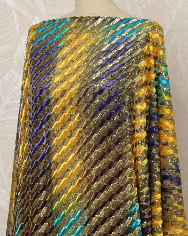 Traditional Somali Dirac Silk Blended Velvet Chiffon Fabric in Yellow, Green, and Purple Diagonal Stripe Design, 3.5 Meters, 140 cm Width-D20608